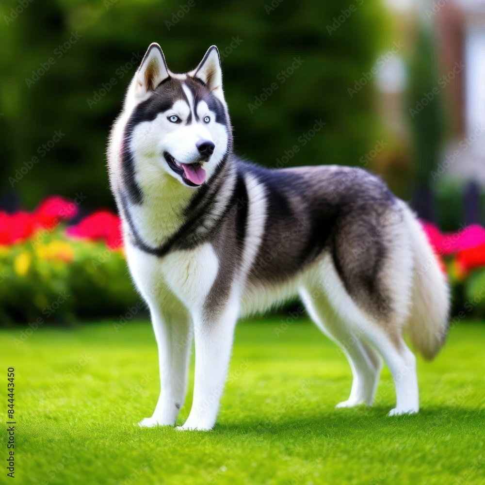 Majestic Siberian Husky Standing in a Vibrant Garden, AI-Generated Image Majestic Siberian Husky Standing in a Vibrant Garden, AI-Generated Image
