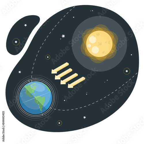 Equinox concept with dark and shine planet, sun and moon. Vernal or autumnal equinox day. Day and night design. Earth seasons. Annual seasonal. International Astrology Day. vector illustration. 2206
