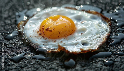 Close-Up of a Perfectly Fried Egg with Crispy Edges and Bright Yellow Yolk on a Hot Griddle, Showcasing Delicious Breakfast Food in High Detail
