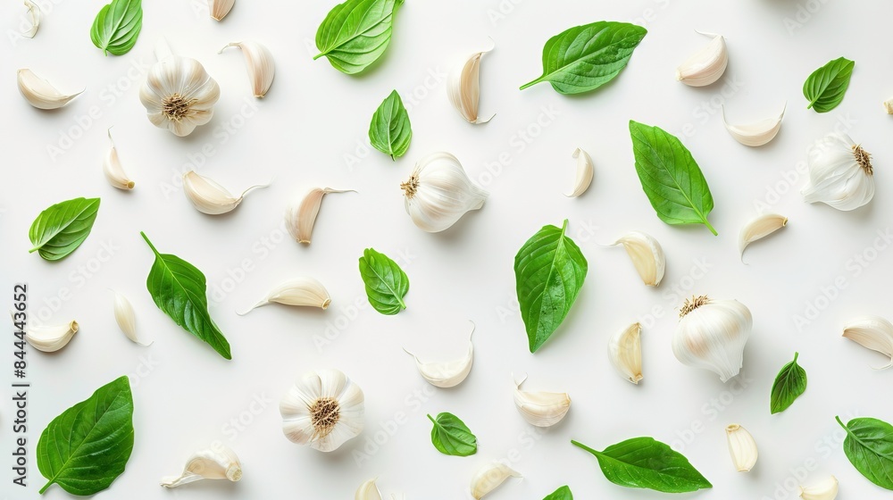 Garlic with leaves isolated on white background. Flat lay, top view Garlic with leaves isolated on white background. Flat lay, top view