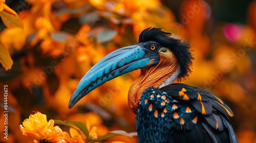 A Knobbed Hornbill, a big bird from Indonesia, has colorful feathers. Its neck is blue with gold feathers, and the background has orange flowers.