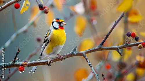 A lovely male Lugano goldfinch with striking yellow feathers perches on a delicate branch in the woods. © Suleyman