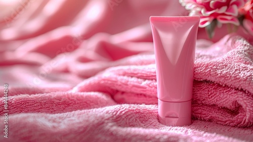 a tube of body cream sitting inside of a pink towel In the style of wet core,hallyu,subtle monochromatic tones photo