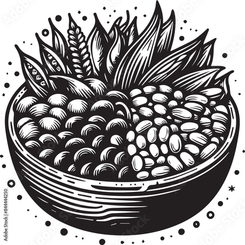 Beans Vector Illustration Silhouette. various food beans: lentils, chickpeas, green peas, coffee beans