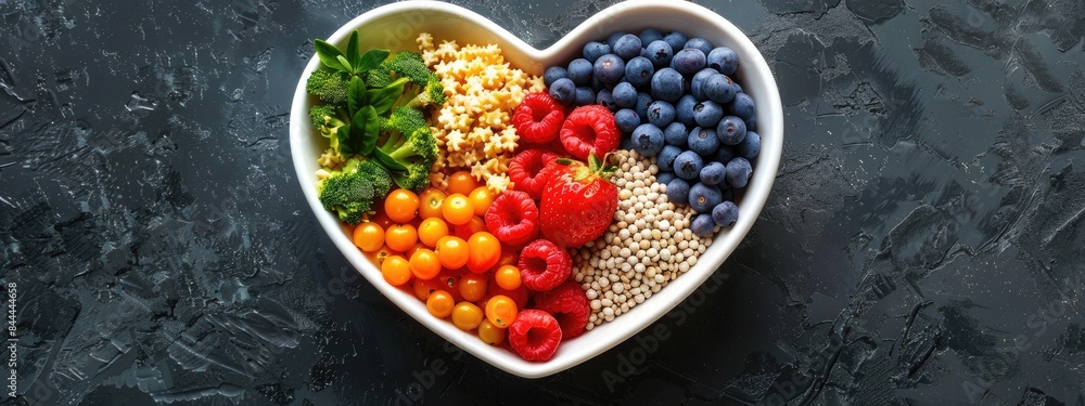 fruits and berries in a heart-shaped bowl. Selective focus fruits and berries in a heart-shaped bowl. Selective focus