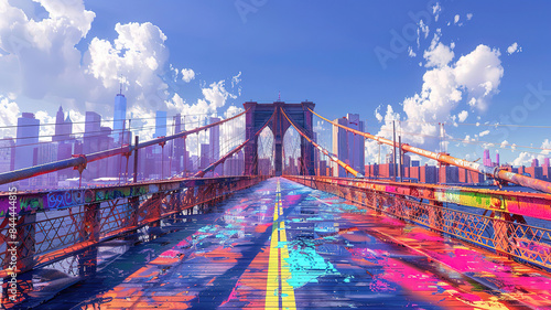 Attractive Brooklyn Bridge with lower Manhattan skyline, One World Trade Center in New York City