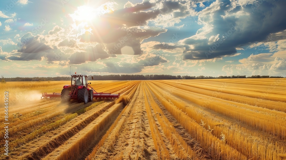 Fototapeta premium A dedicated farmer with a disability efficiently harvests crops using adaptive machinery under a radiant sky.