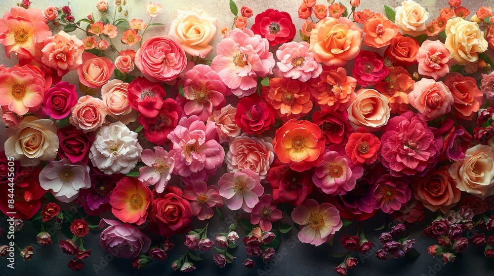 A Valentines backdrop made of up different colors of roses in gradient color of pink, brownish pink, red and white A Valentines backdrop made of up different colors of roses in gradient color of pink, brownish pink, red and white