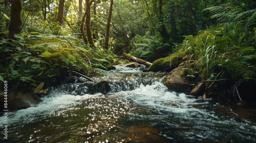 Serene image of a hidden stream flowing through a dense forest, capturing the essence of natures tranquility, perfect for eco-tourism ads or nature retreats Serene image of a hidden stream flowing through a dense forest, capturing the essence of natures tranquility, perfect for eco-tourism ads or nature retreats
