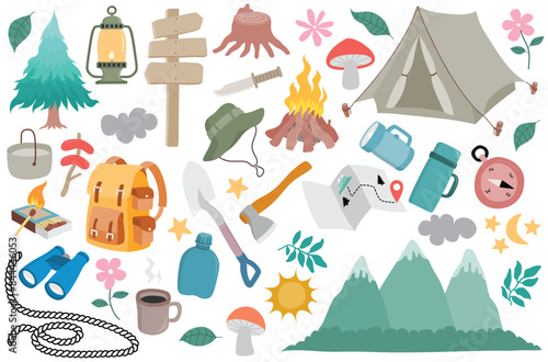 vector summer camp set. Cute camping clipart on white background. 