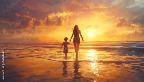 Mother and daughter walking on the beach at sunset holding each other's hands while enjoying the sunset