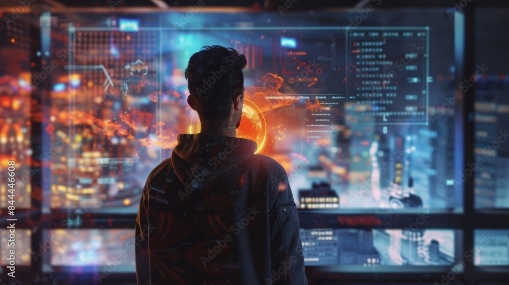 Man looking at a floating hologram Man looking at a floating hologram