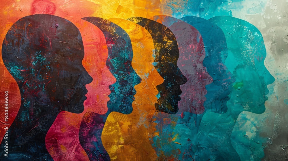 Colorful Abstract Art of Human Silhouettes in Gradient Background - Vibrant and Creative Representation of Diversity and Unity in Modern Artistic Style Colorful Abstract Art of Human Silhouettes in Gradient Background - Vibrant and Creative Representation of Diversity and Unity in Modern Artistic Style