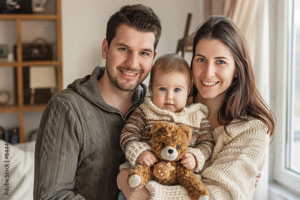 A portrait of a happy family with a baby in their arms. A beautiful young woman and man in their thirties smile warmly at the camera. The mother holds a cute toddler girl wearing a A portrait of a happy family with a baby in their arms. A beautiful young woman and man in their thirties smile warmly at the camera. The mother holds a cute toddler girl wearing a