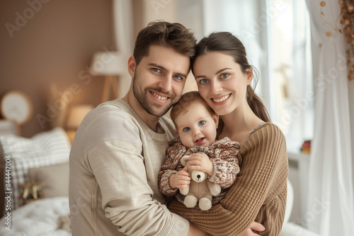A portrait of a happy family with a baby in their arms. A beautiful young woman and man in their thirties smile warmly at the camera. The mother holds a cute toddler girl wearing a