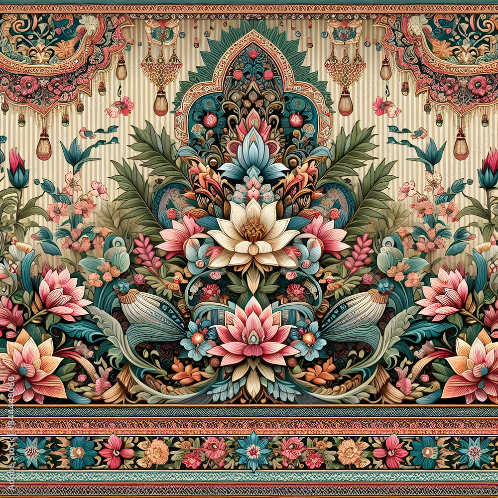 Fototapeta premium Digital Florals Meet Traditional Mughal: Ethnic Borders and Paisley Lace Embroidery