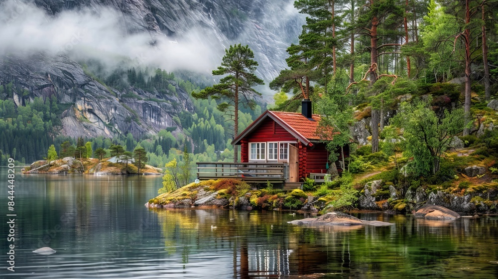 A red wooden holiday cabin sits on the shore of a lake in Sweden. There's a small sauna next to it, and the water is surrounded by green trees and rocky islands. A red wooden holiday cabin sits on the shore of a lake in Sweden. There's a small sauna next to it, and the water is surrounded by green trees and rocky islands.