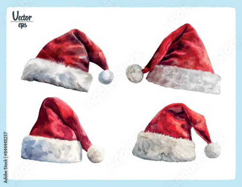 set of vector watercolor santa claus hats, cut out