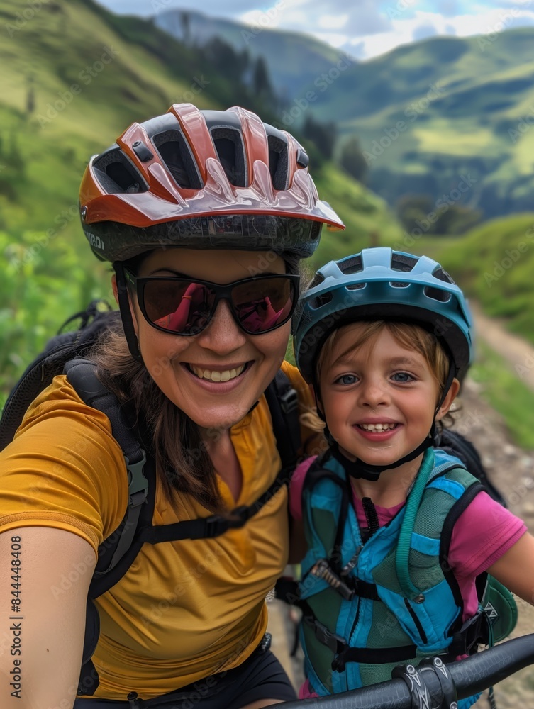 Selfie photo of mother and child cycling on a mountain path with a background of green scenery around them Selfie photo of mother and child cycling on a mountain path with a background of green scenery around them
