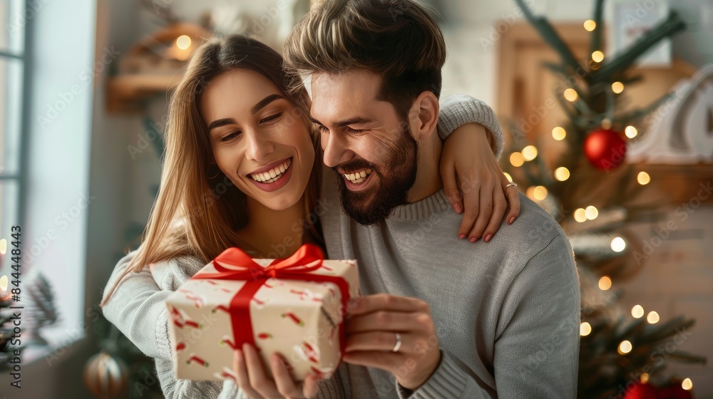 A cheerful couple, deeply in love, unwraps a gift on Valentine's Day. A cheerful couple, deeply in love, unwraps a gift on Valentine's Day.