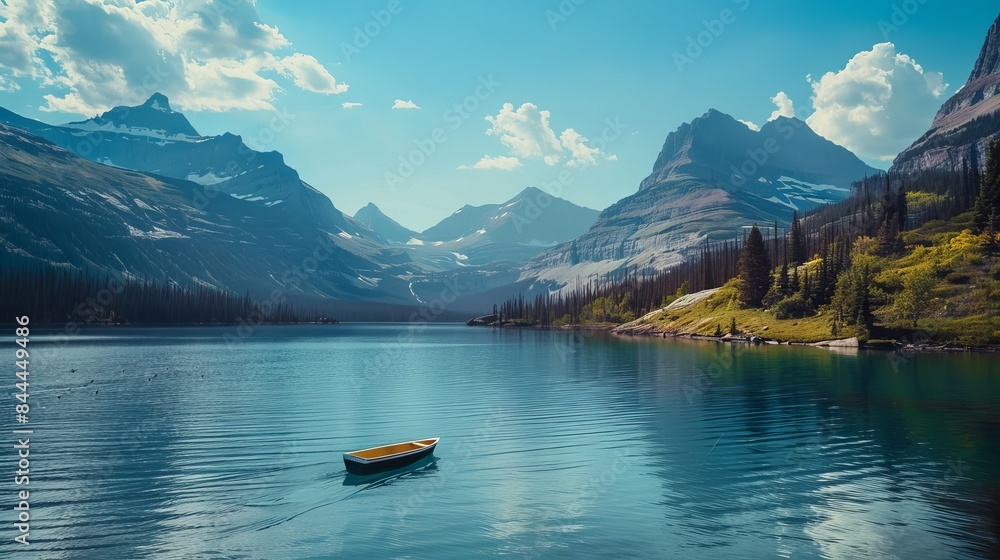 A small boat drifts on a tranquil lake nestled amidst towering mountains in a national park during a warm summer day. A small boat drifts on a tranquil lake nestled amidst towering mountains in a national park during a warm summer day.