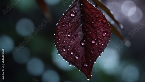 A close-up of a purple leaf with water droplets.