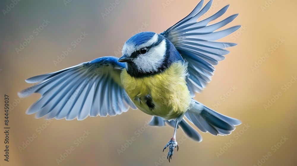 Obraz premium A small bird called a Blue Tit with blue and yellow feathers is flying in Germany.