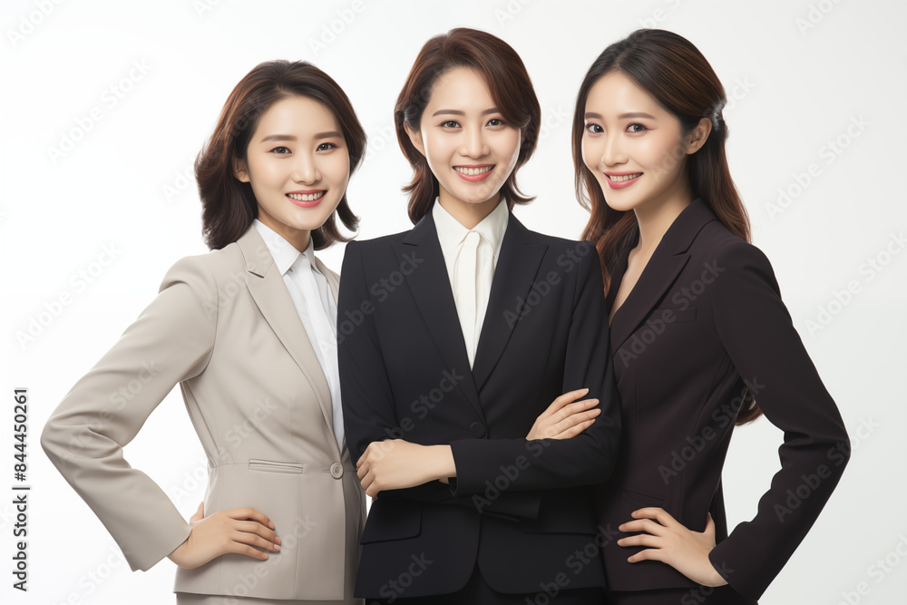 Group of smiling asian businesswomen at work on white background. Women in suits at work. Boss women. Political woman. Image for graphic designer. Business world. Job recruitment. Asia. China. Japan
Group of smiling asian businesswomen at work on white background. Women in suits at work. Boss women. Political woman. Image for graphic designer. Business world. Job recruitment. Asia. China. Japan