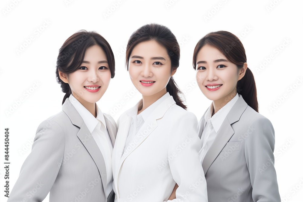 Group of smiling asian businesswomen at work on white background. Women in suits at work. Boss women. Political woman. Image for graphic designer. Business world. Job recruitment. Asia. China. Japan
Group of smiling asian businesswomen at work on white background. Women in suits at work. Boss women. Political woman. Image for graphic designer. Business world. Job recruitment. Asia. China. Japan