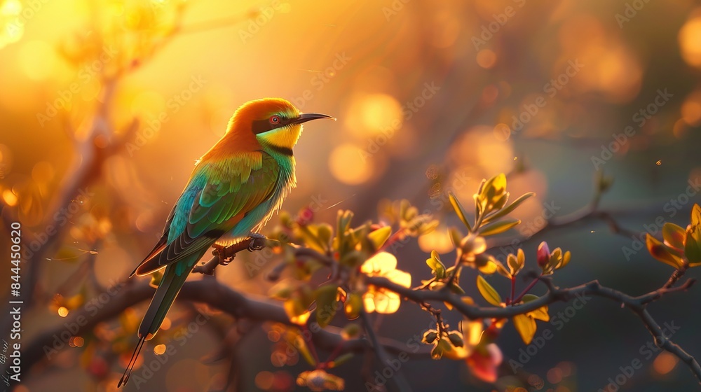 A vibrant European Bee-Eater bird perches on a branch, its feathers illuminated by the setting sun. A vibrant European Bee-Eater bird perches on a branch, its feathers illuminated by the setting sun.