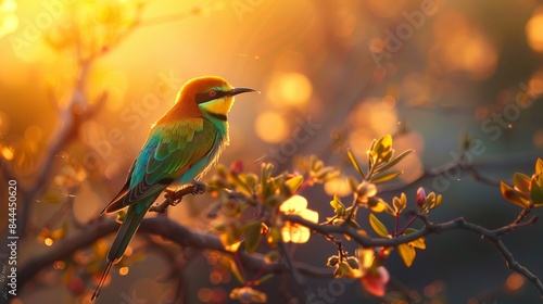 A vibrant European Bee-Eater bird perches on a branch, its feathers illuminated by the setting sun.