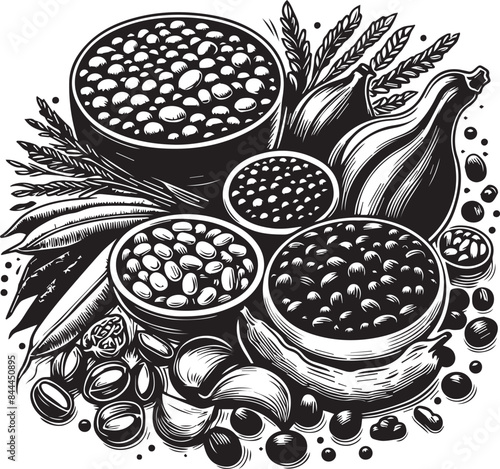 Beans Vector Illustration Silhouette. various food beans: lentils, chickpeas, green peas, coffee beans