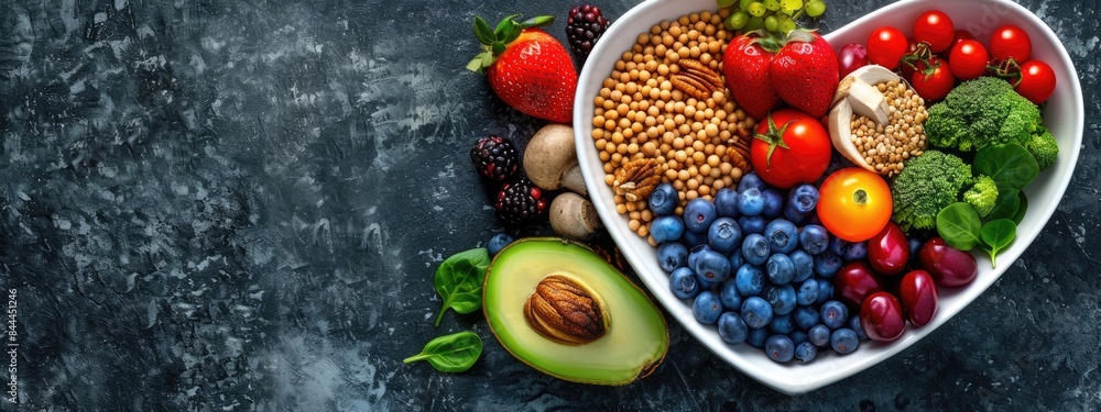 fruits and berries in a heart-shaped bowl. Selective focus fruits and berries in a heart-shaped bowl. Selective focus