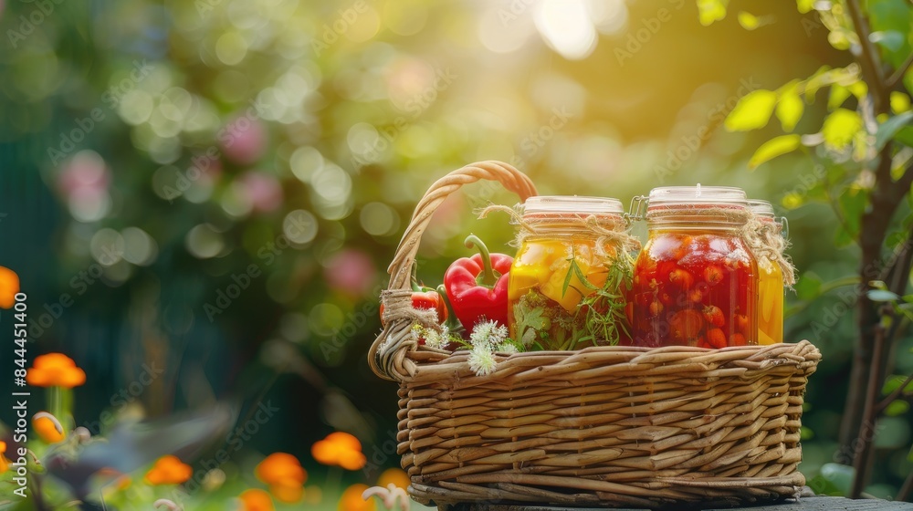 Naklejka premium a basket of vegetables and preserves on the table. Selective focus