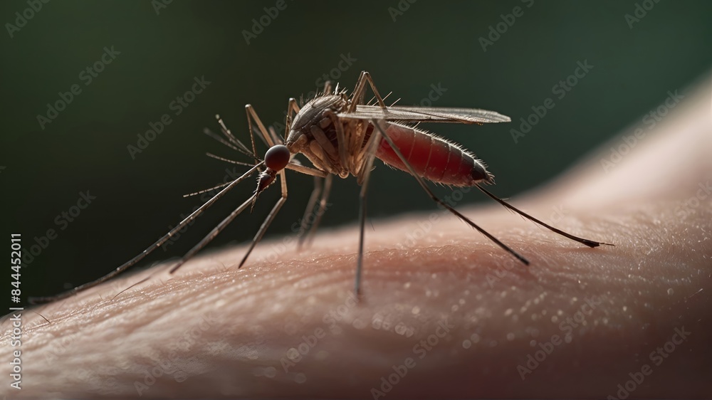 Mosquito bites skin close-up with drinking blood with red body. Mosquito bites skin close-up with drinking blood with red body.
