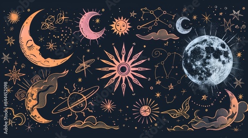 Spiritual Occultism Vector Elements: Moon, Sun, Stars photo