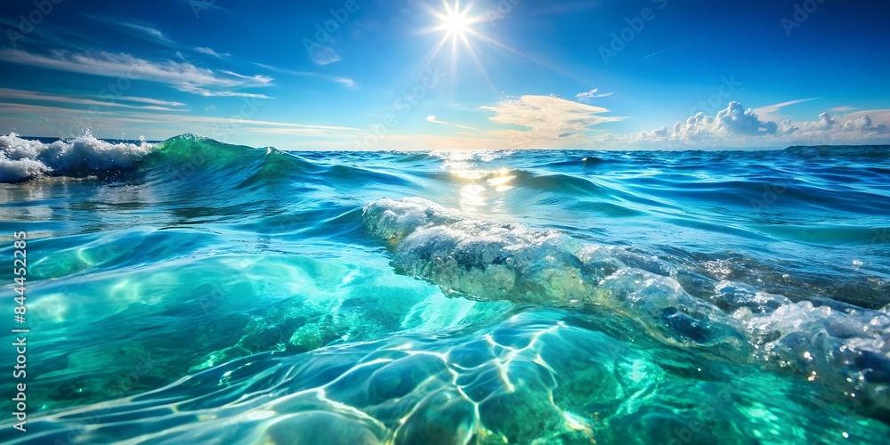 Obraz premium Flowing Seawater Under Light: Abstract Ocean Background. Perfect for: nature-themed designs, aquatic promotions, summer advertisements, social media posts, website backgrounds, promotional materials.