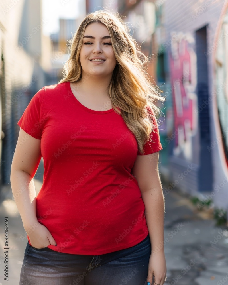 A woman in a red t-shirt smiles in a city setting A woman in a red t-shirt smiles in a city setting