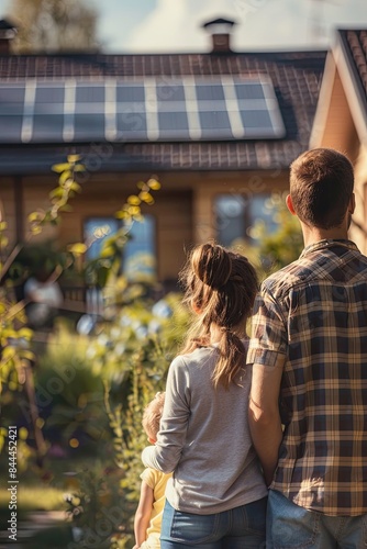 a family looks at a house with solar panels. Selective focus
