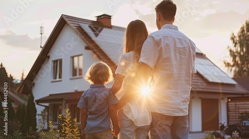 a family looks at a house with solar panels. Selective focus