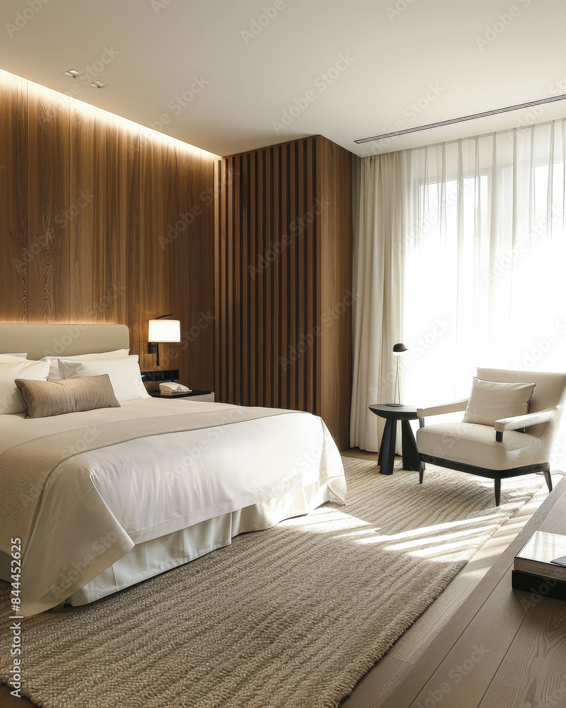Modern hotel room with elegant bedding and stylish decor. Neutral tones and use of natural light.