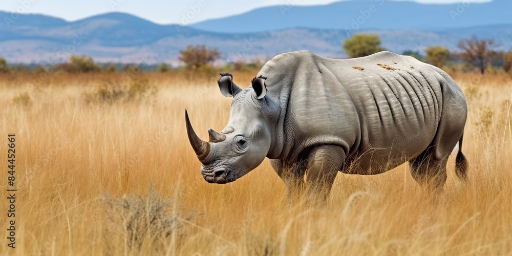 Obraz premium Rhinoceros rhino animal mammal wild grazing on the savannah africa wild nature outdoor field meadow landscape scene