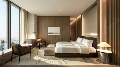 Modern hotel room with elegant bedding and stylish decor. Neutral tones and use of natural light.