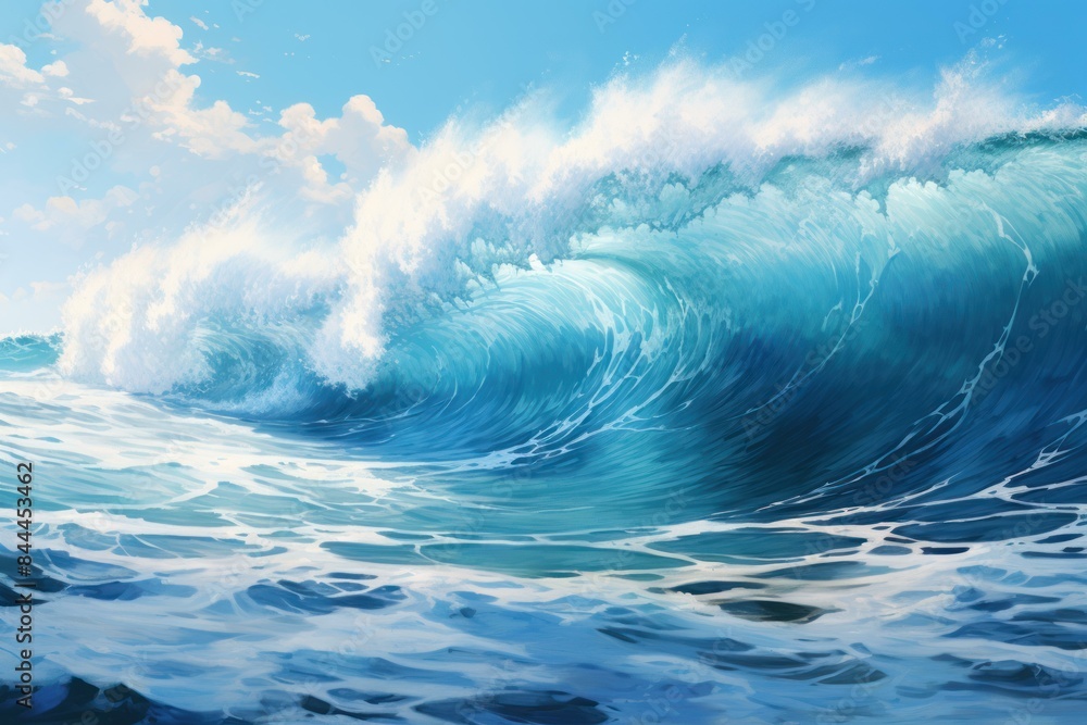 Vibrant digital illustration of a majestic and powerful ocean wave in a clear blue sea, capturing the dynamic and fluid nature of the marine environment, perfect for environmental design and artwork