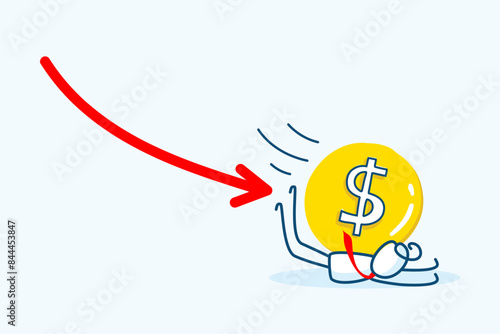 businessman stick figure character downfall by dollar coin and decrease arrow chart. Business failure, investment loss or market crash crisis. hand drawn style vector doodle illustration