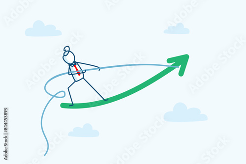 businessman stick figure character in a suit pulls a large arrow upwards towards the sky. ambition and success growth and progress in his endeavors. hand drawn style vector doodle illustration
