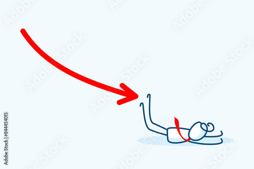 businessman stick figure character run away from falling down arrow chart and falling to ground. Business failure, investment loss or market crash. hand drawn vector doodle illustration