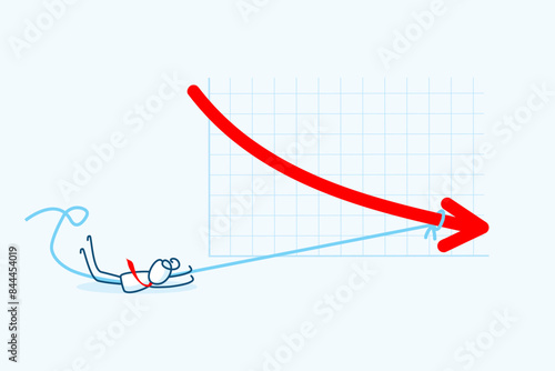 businessman stick figure character downfall when try to hold decrease arrow graph chart with a rope. Business failure, investment loss, market crash crisis. hand drawn style vector doodle illustration