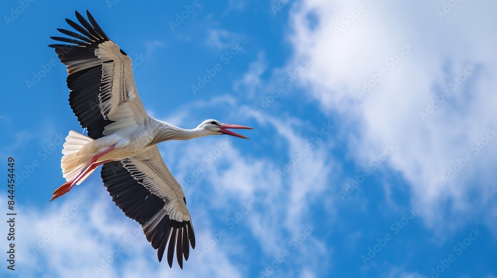 Obraz premium An elegant white stork soars through the azure sky.