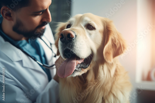 AI generated image of cute dog sitting in a veterinary clinic with vet doctor in a cabinet